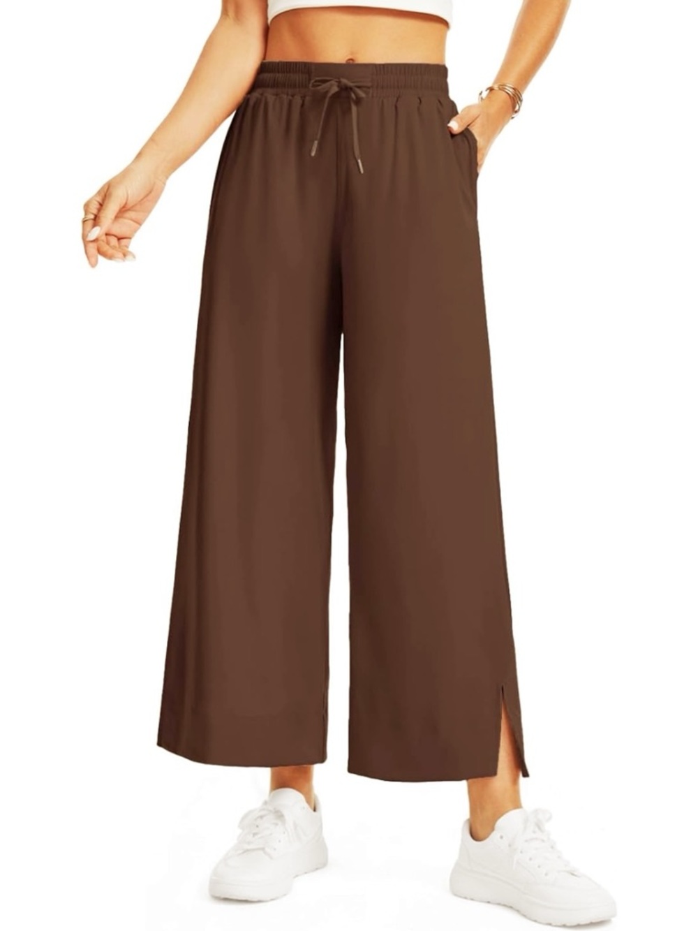 FEIERSI Brown Wide Leg Drawstring Cropped Pants XL